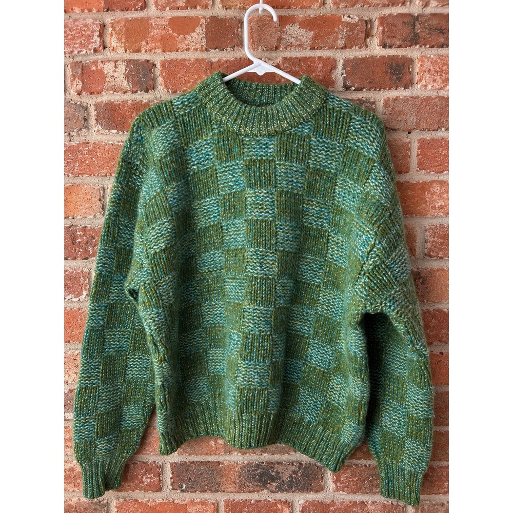 Vintage 100% Wool Checker Sweater Green L Chunky Grandpa Retro 90s Fall Thick